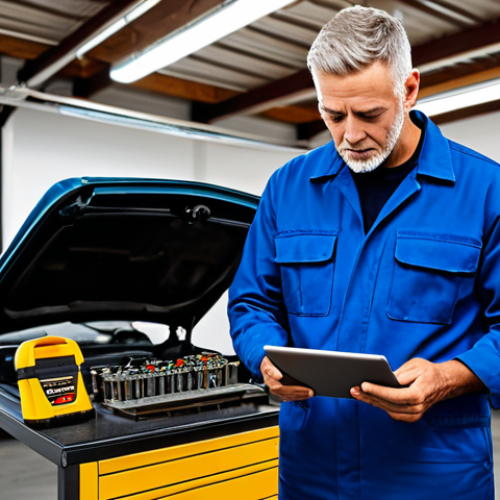 A professional male auto mechanic in a clean, modest workshop uniform, standing confidently in a bright, well-organized garage. In the foreground, he is looking at a classic car engine, with a modern diagnostic tablet visible nearby on a workbench. The background features various tools neatly arranged on pegboards, indicating a blend of traditional and contemporary repair work. The scene emphasizes expertise and a passion for automotive care. Fully clothed, appropriate attire, safe for work, perfect anatomy, correct proportions, natural pose, well-formed hands, proper finger count, natural body proportions, professional, high quality, studio lighting, family-friendly.