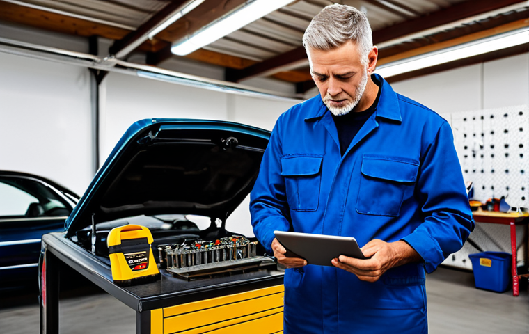 A professional male auto mechanic in a clean, modest workshop uniform, standing confidently in a bright, well-organized garage. In the foreground, he is looking at a classic car engine, with a modern diagnostic tablet visible nearby on a workbench. The background features various tools neatly arranged on pegboards, indicating a blend of traditional and contemporary repair work. The scene emphasizes expertise and a passion for automotive care. Fully clothed, appropriate attire, safe for work, perfect anatomy, correct proportions, natural pose, well-formed hands, proper finger count, natural body proportions, professional, high quality, studio lighting, family-friendly.