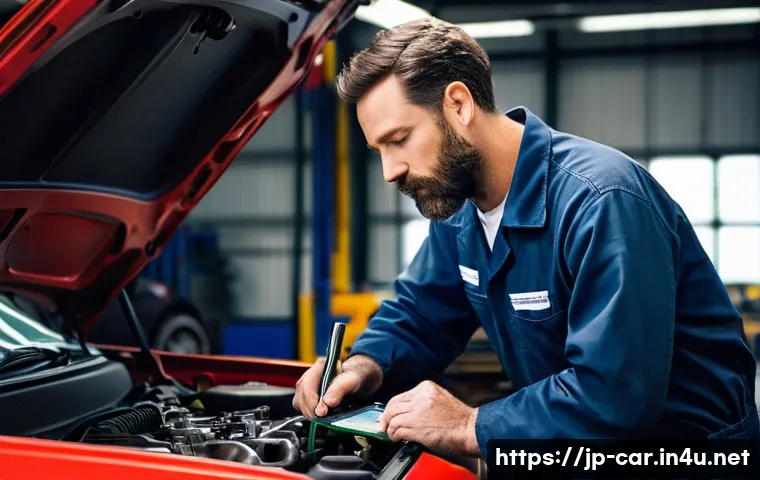 자동차정비사로 일하며 겪는 일상 이야기 - **Prompt: The Master Diagnostician at Work**
    A highly skilled and focused car mechanic, a male i...