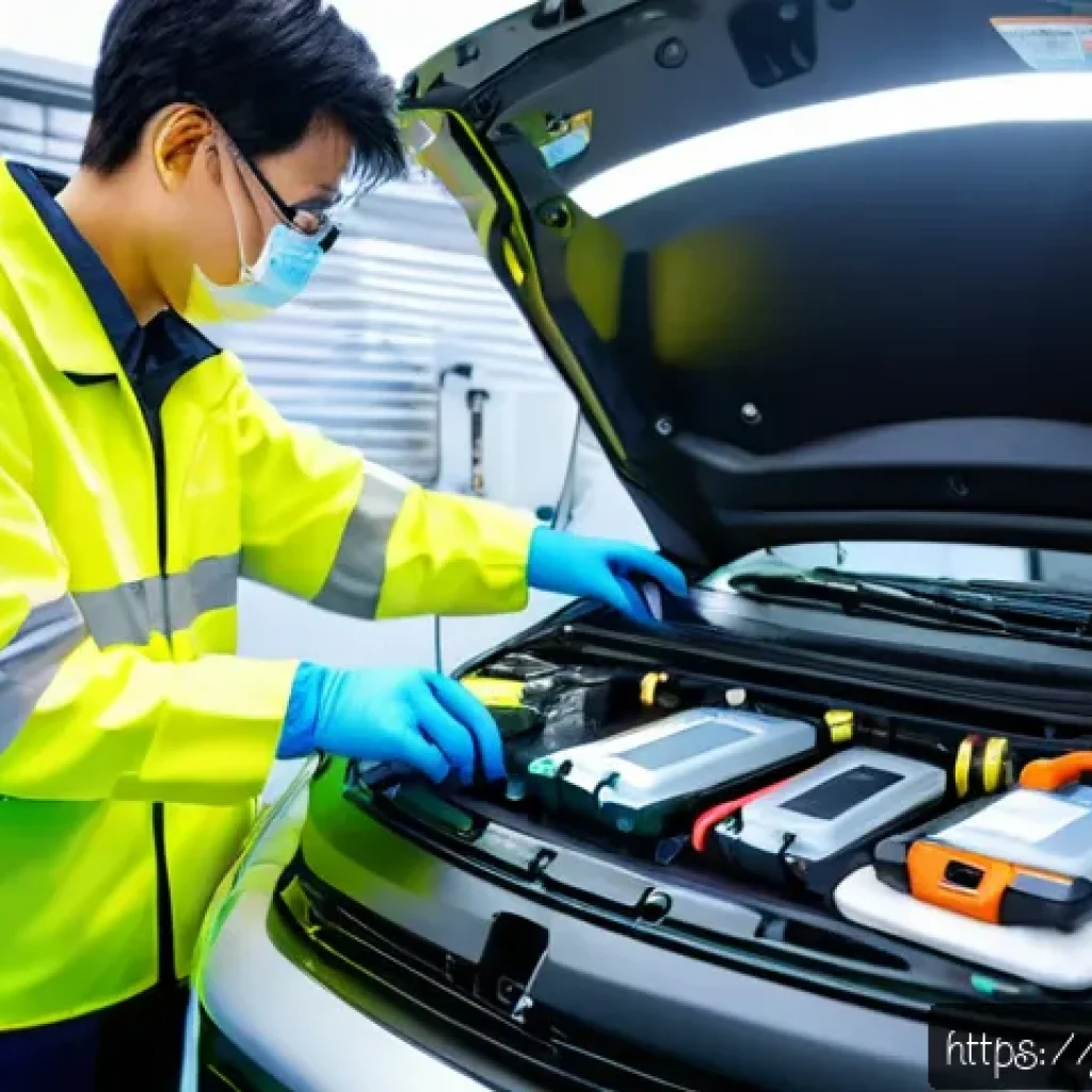 자동차정비사 필수 교육 프로그램 - A detailed, high-tech workshop scene showing a Japanese automotive technician in modern workwear car...