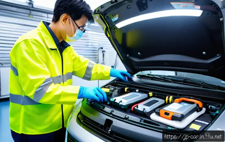 자동차정비사 필수 교육 프로그램 - A detailed, high-tech workshop scene showing a Japanese automotive technician in modern workwear car...