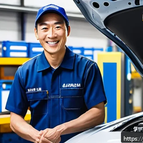 자동차정비사로서 고객 응대 팁 - A friendly Japanese auto mechanic in a clean, modern workshop, smiling warmly and greeting a middle-...