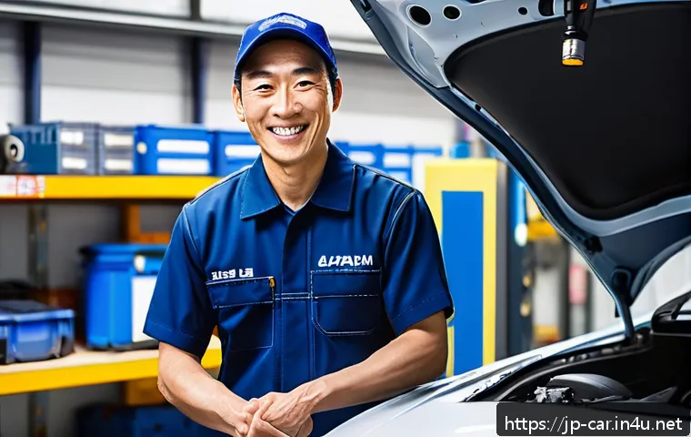 자동차정비사로서 고객 응대 팁 - A friendly Japanese auto mechanic in a clean, modern workshop, smiling warmly and greeting a middle-...