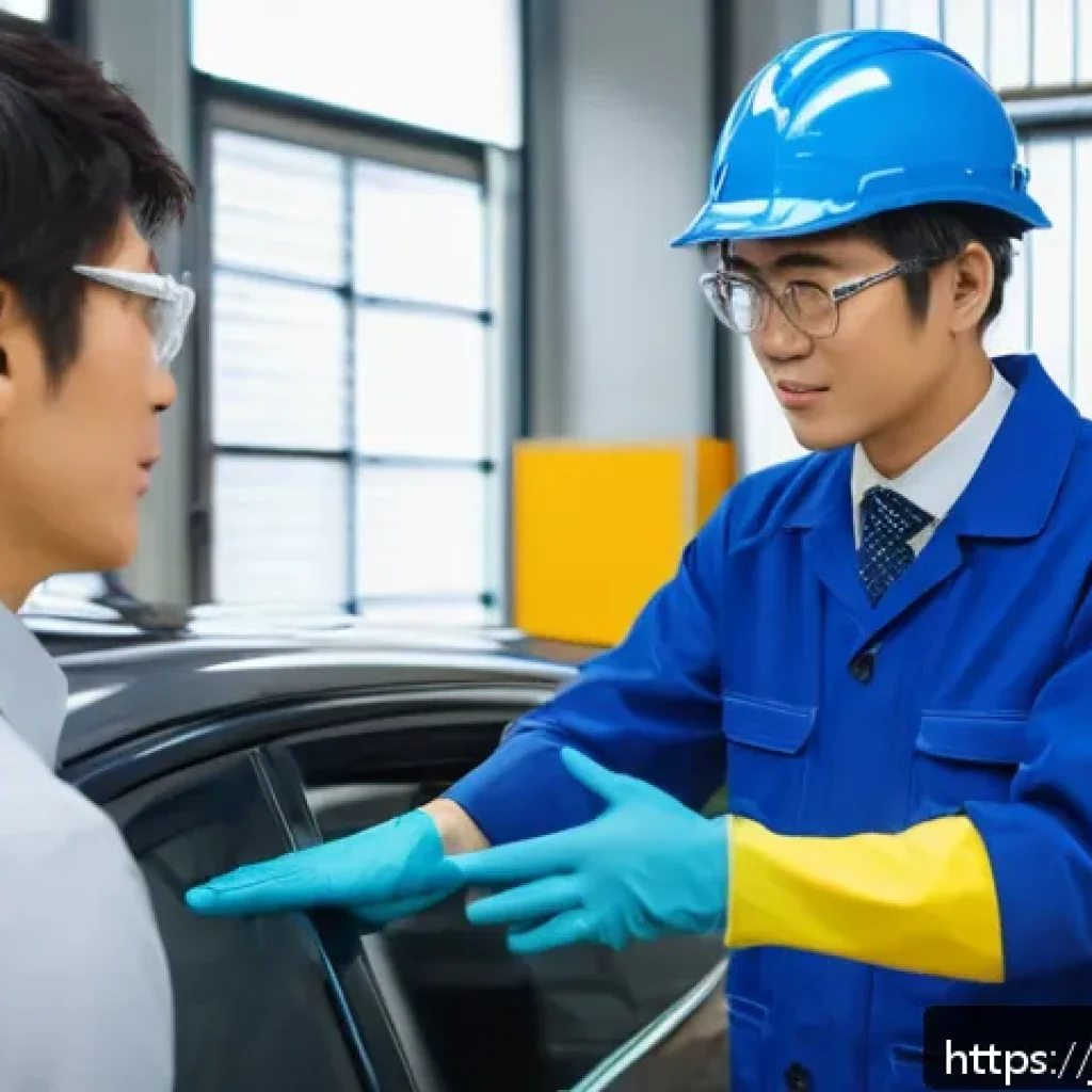 자동차정비사 취업 후 직무 적응 팁 - A modern Japanese automotive workshop scene featuring a young male apprentice mechanic greeting a se...