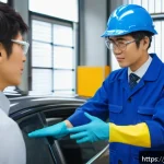 자동차정비사 취업 후 직무 적응 팁 - A modern Japanese automotive workshop scene featuring a young male apprentice mechanic greeting a se...