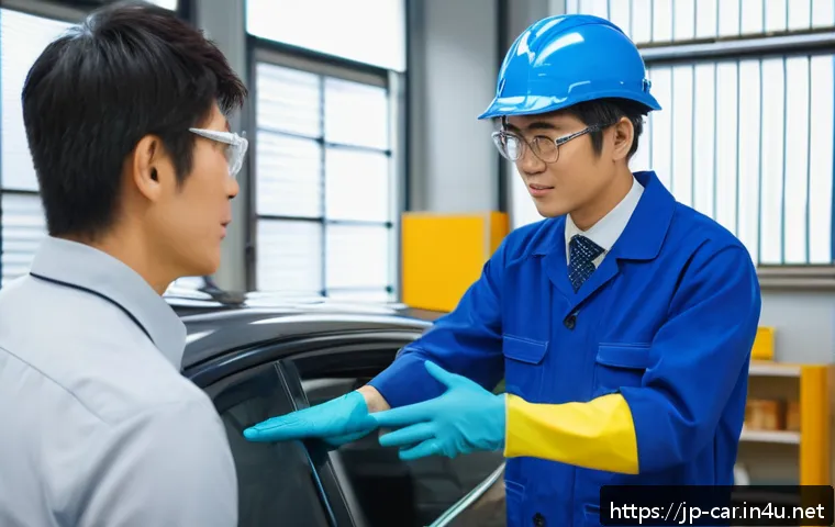 자동차정비사 취업 후 직무 적응 팁 - A modern Japanese automotive workshop scene featuring a young male apprentice mechanic greeting a se...
