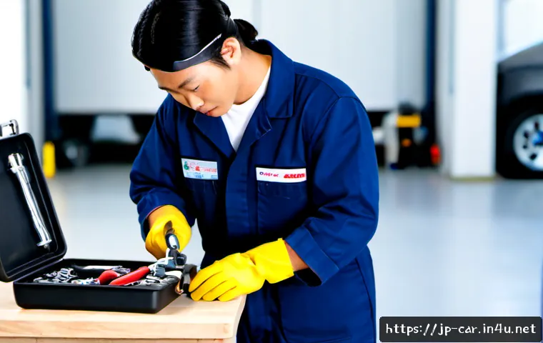 자동차정비사 필수 장비 구입 가이드 - Photorealistic automotive workshop purchasing guide scene, a Japanese auto mechanic in clean navy co...