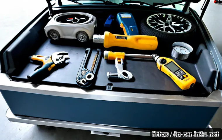 자동차정비 실기 시험 필수 장비 - Photorealistic automotive practical exam preparation workspace in a clean Japanese vocational traini...